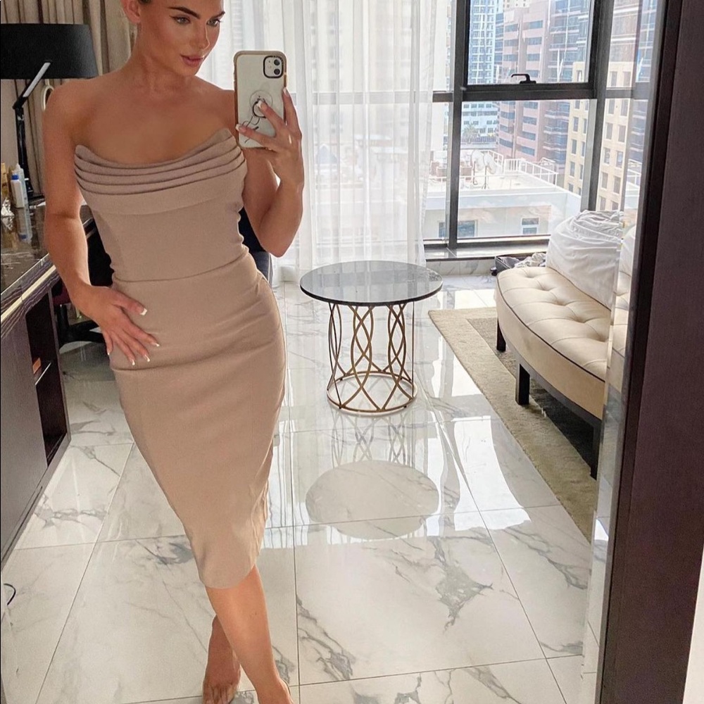 NEW SEASON Lavish Alice cowl front bandeau midi pencil dress in stone